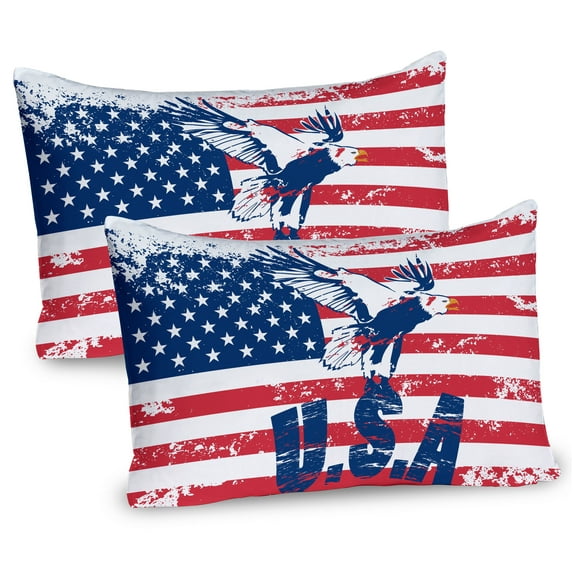 Ambesonne United States Pillow Sham 2 Pack, Grungy Flag and Eagle, 30"x20", Navy White Red