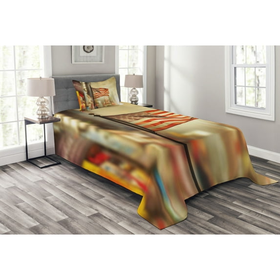 Ambesonne United States Quilted Bedspread Set 2 Pcs, American Independence, Twin Size, Sepia Red Blue