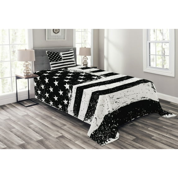 Ambesonne United States Quilted Bedspread Set 2 Pcs, Black and White Flag, Twin Size, Black White
