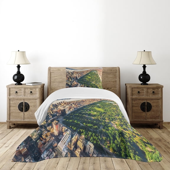 Ambesonne United States Quilted Bedspread Set 2 Pcs, Central Park View, Twin Size, Fern Green Sand Brown