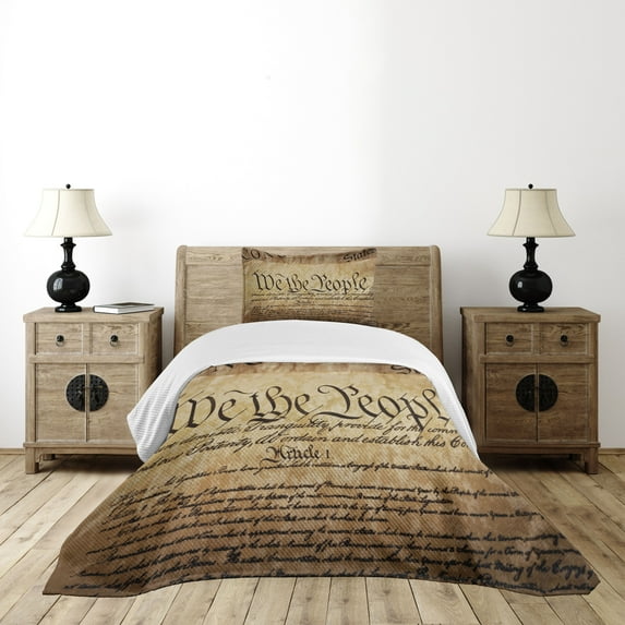 Ambesonne United States Quilted Bedspread Set 2 Pcs, Constitution Text, Twin Size, Pale Brown