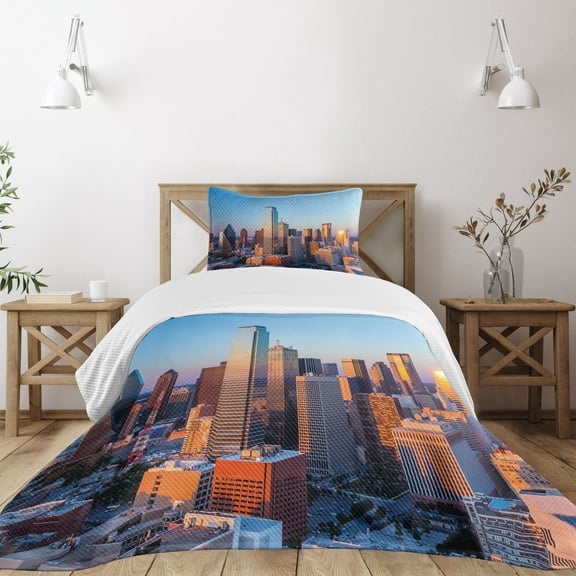 Ambesonne United States Quilted Bedspread Set 2 Pcs, Dallas Sunset, Twin Size, Multicolor