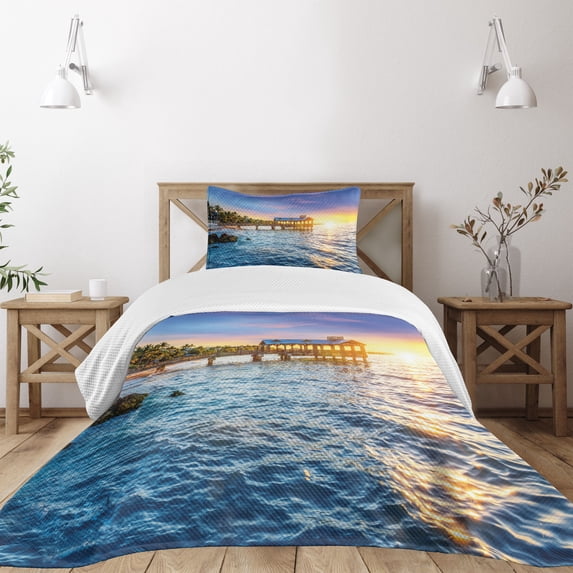 Ambesonne United States Quilted Bedspread Set 2 Pcs, Florida Beach, Twin Size, Pale Blue Yellow Green