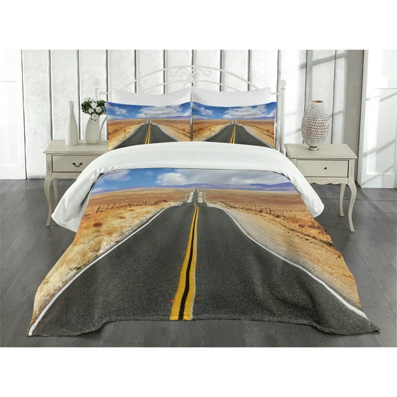 Ambesonne United States Quilted Bedspread Set 3 Pcs, California Road, King Size, Multicolor