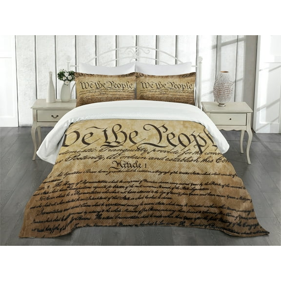 Ambesonne United States Quilted Bedspread Set 3 Pcs, Constitution Text, King Size, Pale Brown