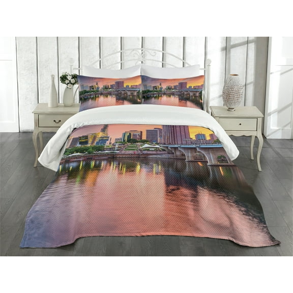 Ambesonne United States Quilted Bedspread Set 3 Pcs, Hartford Evening, King Size, Multicolor