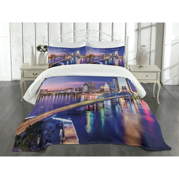 Ambesonne United States Quilted Bedspread Set 3 Pcs, Jacksonville City, Queen Size, Royal Blue Pale Pink