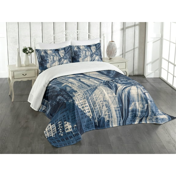 Ambesonne United States Quilted Bedspread Set 3 Pcs, NY Liberty, King Size, Dark Blue Purplegrey