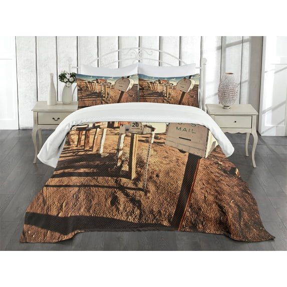 Ambesonne United States Quilted Bedspread Set 3 Pcs, Old Mailboxes, Queen Size, Brown Blue White