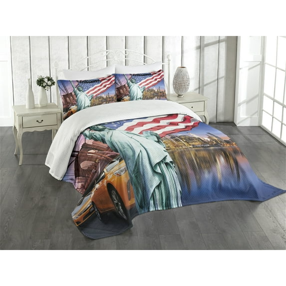 Ambesonne United States Quilted Bedspread Set 3 Pcs, USA Touristic Concept, Queen Size, Multicolor