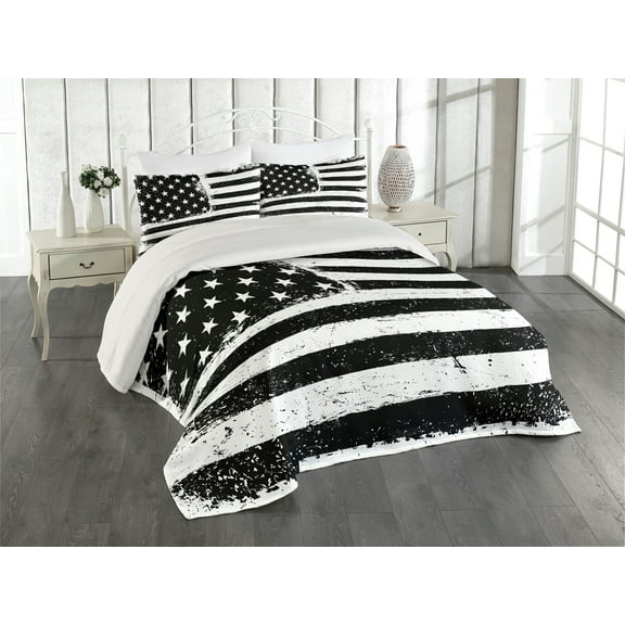 Ambesonne United States Quilted Coverlet 3 Pcs, Black and White Flag, King Size, Black White