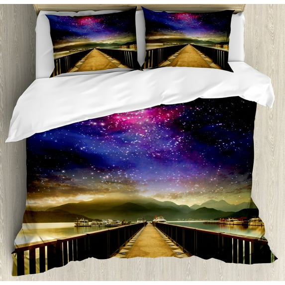 Ambesonne Universe Duvet Cover Sets, Galaxy Cosmos Bridge, 2-Queen, Pale Brown Hot Pink