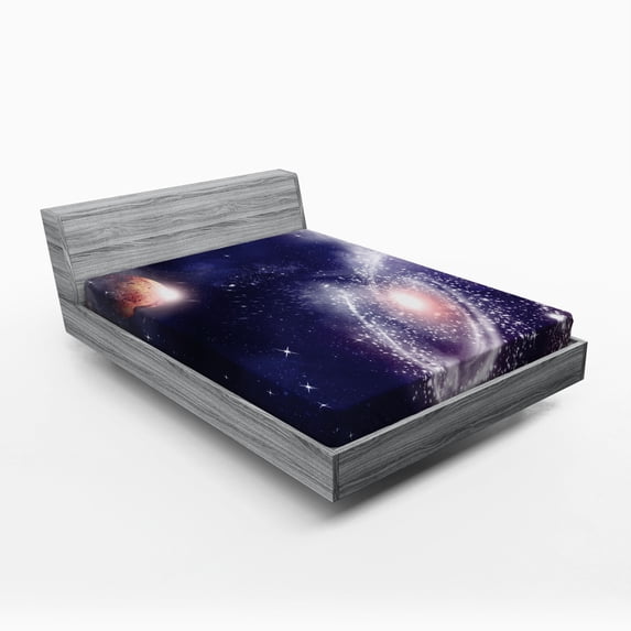 Ambesonne Universe Fitted Sheet, Nebula Planet Cosmic, Full Size, Navy Blue White Coral
