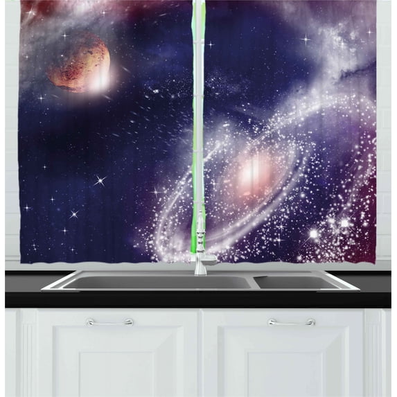 Ambesonne Universe Kitchen Curtains, Nebula Planet Cosmic, 55"x39", Navy Blue White Coral