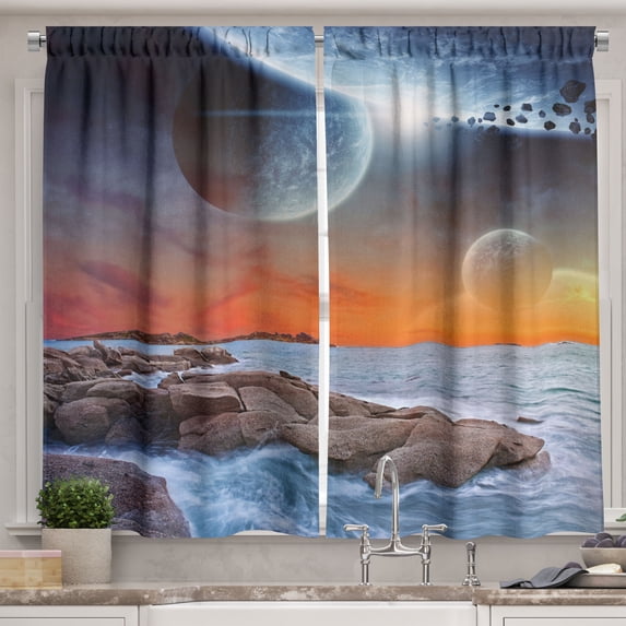 Ambesonne Universe Kitchen Curtains, Planet Landscape View, 55"x45", Orange Umber Blue