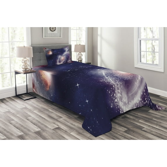 Ambesonne Universe Quilted Bedspread Set 2 Pcs, Nebula Planet Cosmic, Twin Size, Navy Blue White Coral