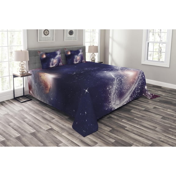 Ambesonne Universe Quilted Bedspread Set 3 Pcs, Nebula Planet Cosmic, Queen Size, Navy Blue White Coral