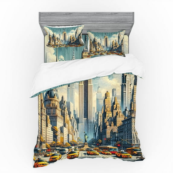 Ambesonne Urban Art Bedding Set 4 Pcs, Big City Rush Hour Taxi, Queen, Orange Ecru Cadet Blue