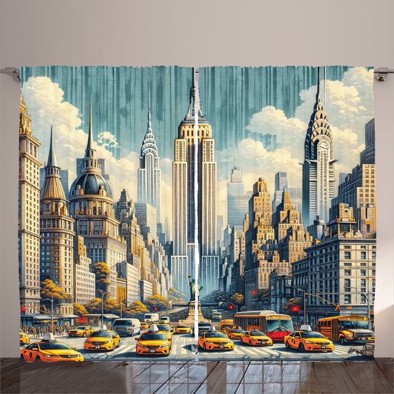 Ambesonne Urban Art Curtains 2 Panel Set, Big City Rush Hour Taxi, 108" x 90", Orange Ecru Cadet Blue