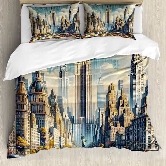 Ambesonne Urban Art Duvet Cover Set, Big City Rush Hour Taxi, King, Orange Ecru Cadet Blue