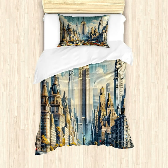 Ambesonne Urban Art Duvet Cover Set, Big City Rush Hour Taxi, Twin, Orange Ecru Cadet Blue