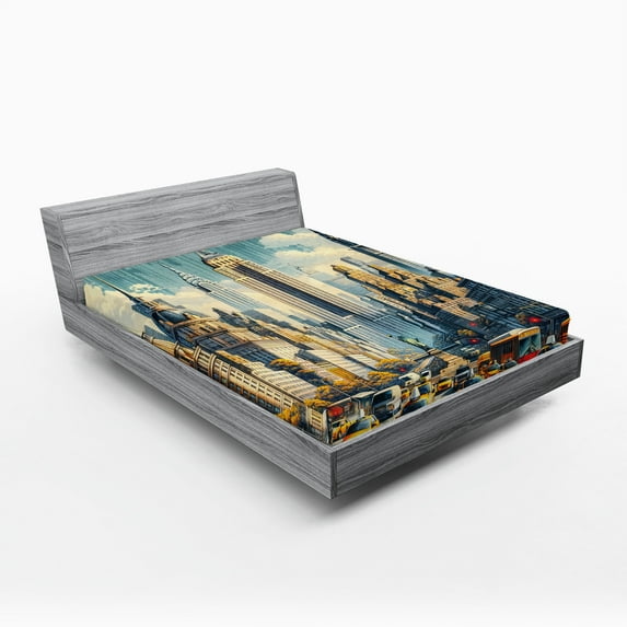 Ambesonne Urban Art Fitted Sheet, Big City Rush Hour Taxi, California King, Orange Ecru Cadet Blue