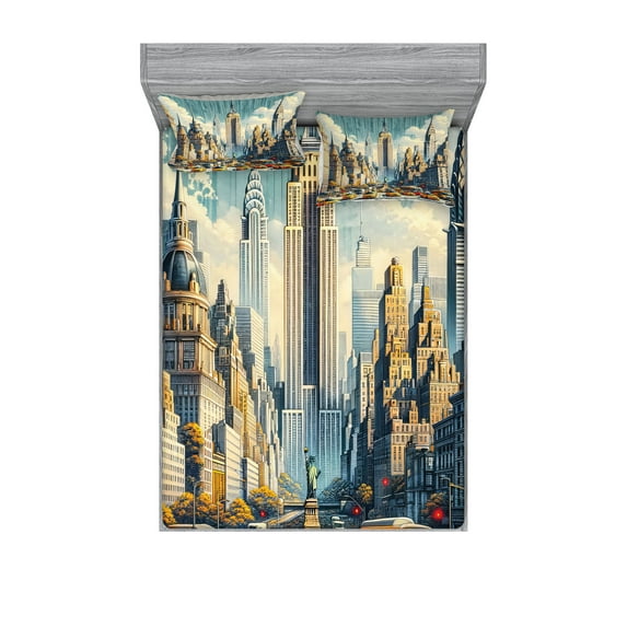 Ambesonne Urban Art Fitted Sheet & Pillow Sham Set, Big City Rush Hour Taxi, King, Orange Ecru Cadet Blue