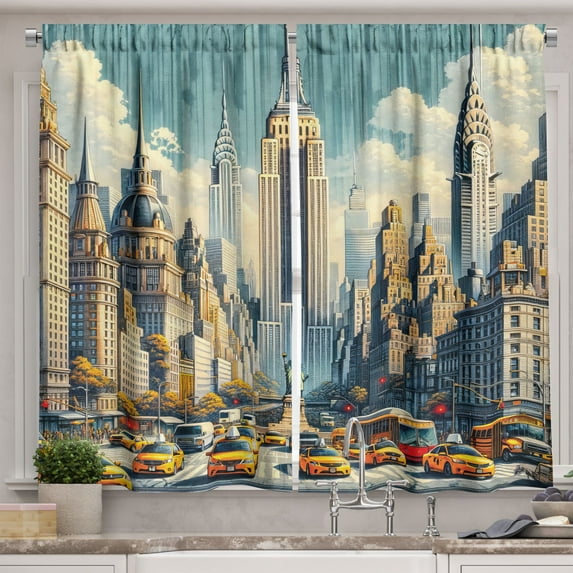 Ambesonne Urban Art Kitchen Curtains, Big City Rush Hour Taxi, 55"x45", Orange Ecru Cadet Blue