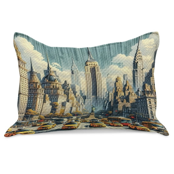 Ambesonne Urban Art Knitted Quilt Pillowcover, Big City Rush Hour Taxi, 36"x20", Orange Ecru Cadet Blue