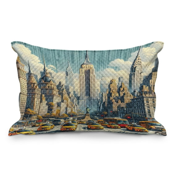 Ambesonne Urban Art Quilted Pillowcover, Big City Rush Hour Taxi, 30" x 20", Orange Ecru Cadet Blue