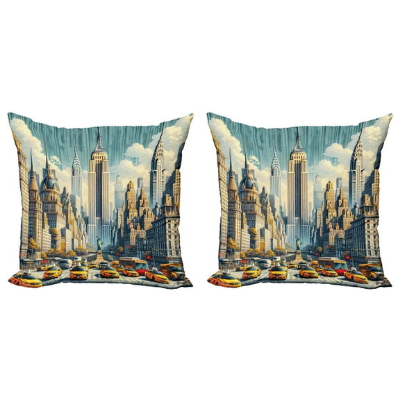 Ambesonne Urban Art Throw Pillow Cover 2 Pack, Big City Rush Hour Taxi, 24", Orange Ecru Cadet Blue