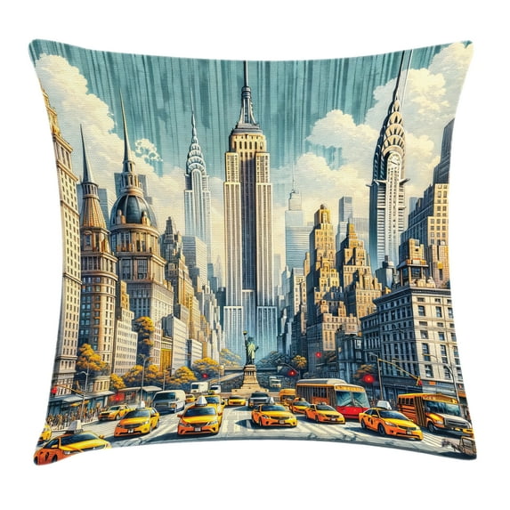 Ambesonne Urban Art Throw Pillow Cushion Cover, Big City Rush Hour Taxi, 28" X 28", Orange Ecru Cadet Blue