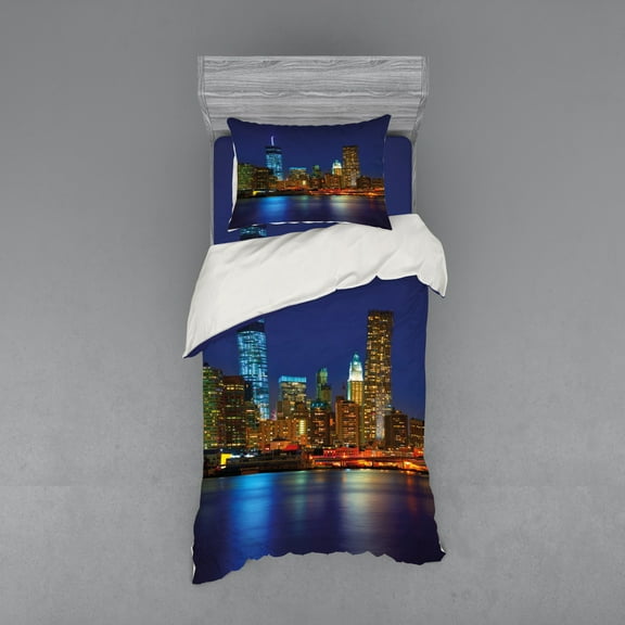Ambesonne Urban Bedding Set 3 Pcs, Manhattan Sunset Skyline, Twin, Multicolor
