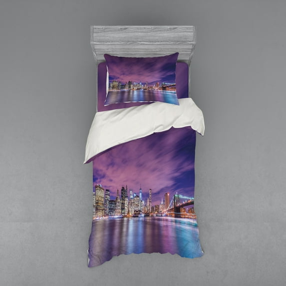 Ambesonne Urban Bedding Set 3 Pcs, New York City Landmarks, Twin XL, Violet Purple