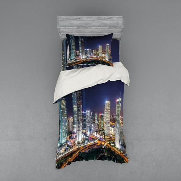 Ambesonne Urban Bedding Set 3 Pcs, Skyline of Modern City, Twin, Multicolor