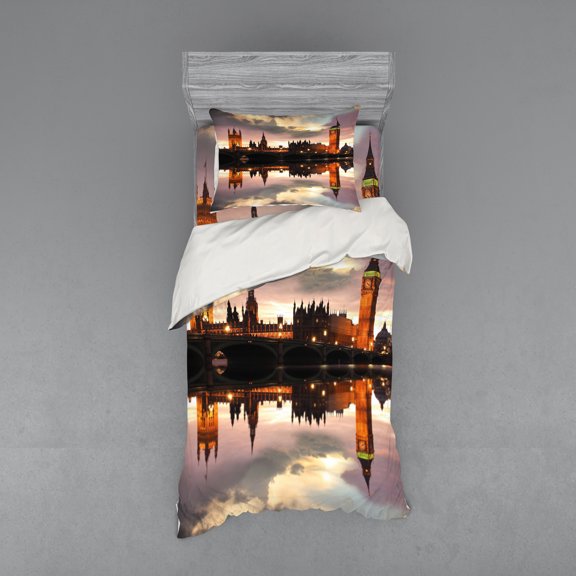 Ambesonne Urban Bedding Set 3 Pcs, Surreal Evening Big Ben, Twin, Cinnamon Grey