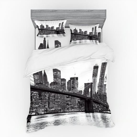 Ambesonne Urban Bedding Set 4 Pcs, Brooklyn Bridge Sunset, Queen, Black and White