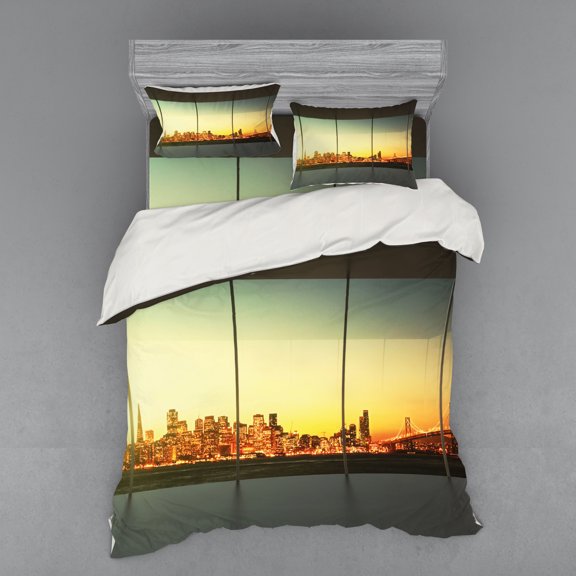 Ambesonne Urban Bedding Set 4 Pcs, Empty Office Sunset View, Queen, Orange Grey Green