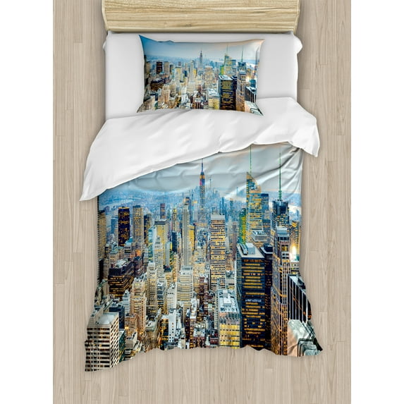 Ambesonne Urban Duvet Cover Set, Aerial View New York City, Twin, Grey Blue Peach