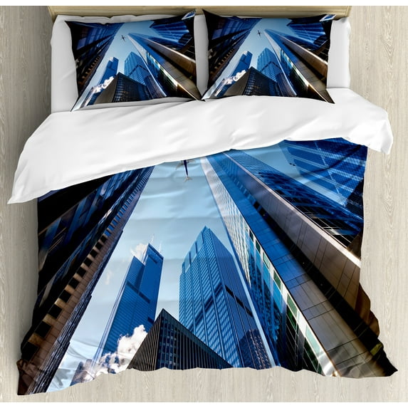 Ambesonne Urban Duvet Cover Set, American City Landscape, 2-Calking, Blue Grey