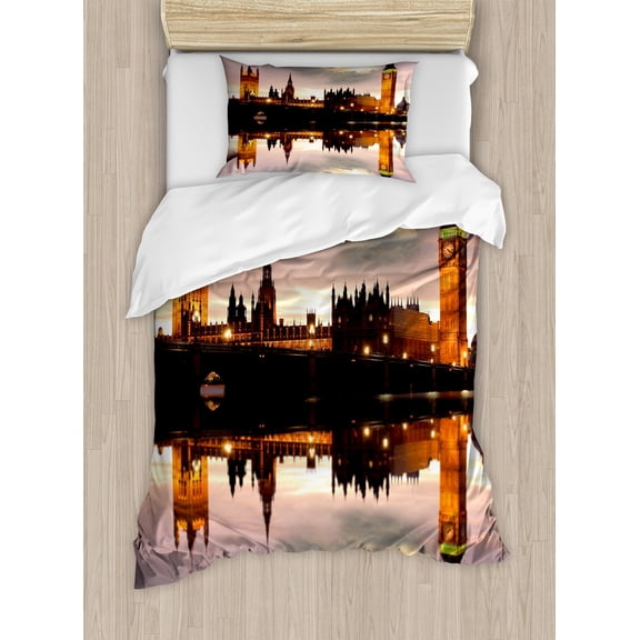 Ambesonne Urban Duvet Cover Set, Surreal Evening Big Ben, Twin, Cinnamon Grey