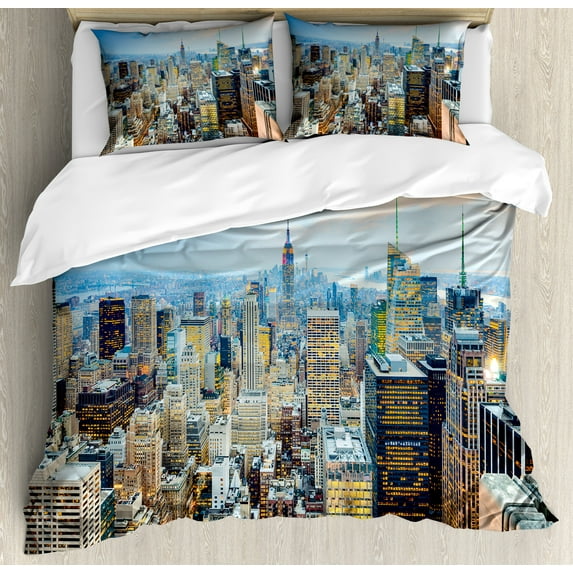 Ambesonne Urban Duvet Cover Sets, Aerial View New York City, 2-Queen, Grey Blue Peach