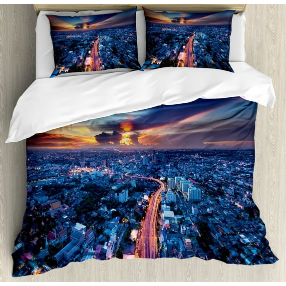 Ambesonne Urban Duvet Cover Sets, Bangkok Thailand Skyline, 2-Queen, Blue Coral