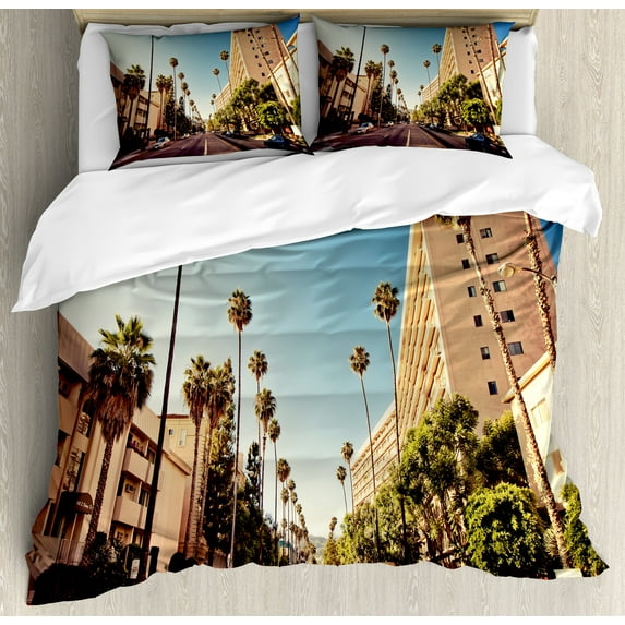 Ambesonne Urban Duvet Cover Sets, Beverly Hills Street View, 2-King, Pale Blue Peach Green