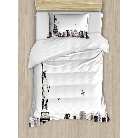 Ambesonne Urban Duvet Cover Sets, Cityscape of New York, 2-Twin, White and Grey