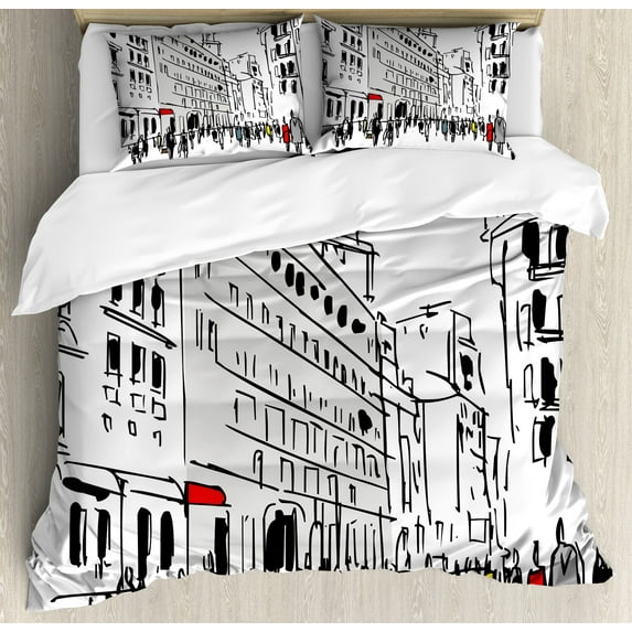 Ambesonne Urban Duvet Cover Sets, Ink Cityscape Street View, 2-Queen, Grey Black White
