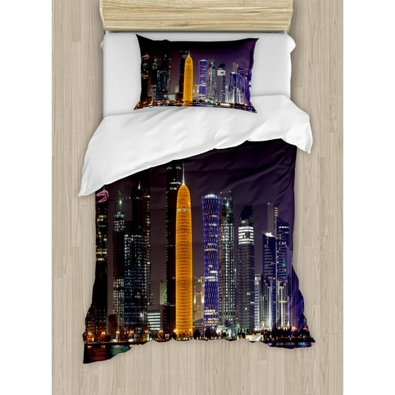 Ambesonne Urban Duvet Cover Sets, Qatar Middle East Town, 2-Twin, Charcoal Grey Orange