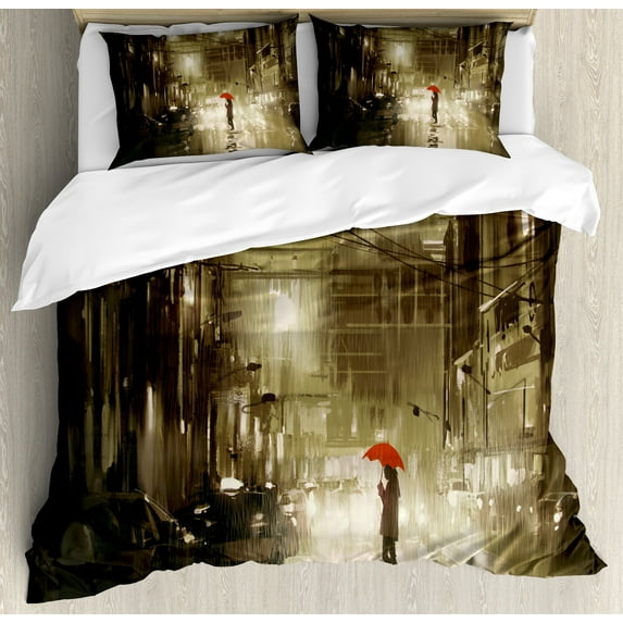 Ambesonne Urban Duvet Cover Sets, Romantic View Rainy Day, 2-Queen, Sepia