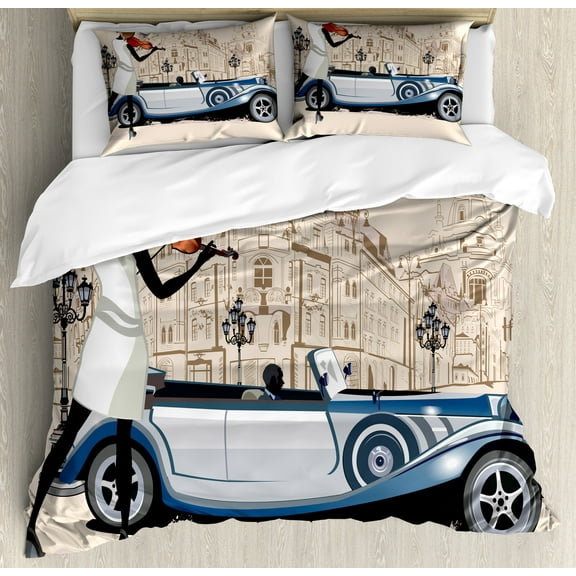 Ambesonne Urban Duvet Cover Sets, Street Musician Retro, 2-King, Beige and Brown