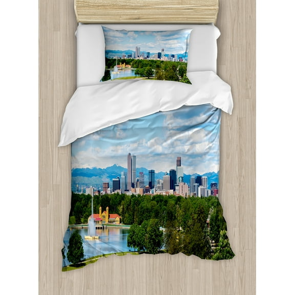 Ambesonne Urban Duvet Cover Sets, Sunny City Park at Denver, 2-Twin, Sky Blue Fern Green